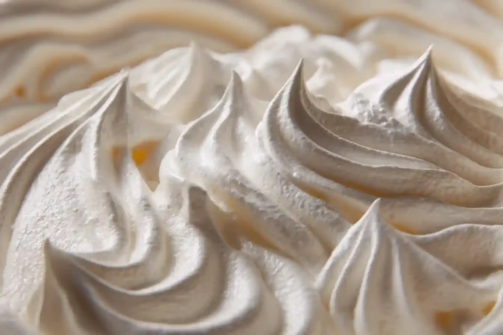 Pics fermes de meringue brillante dans le bol