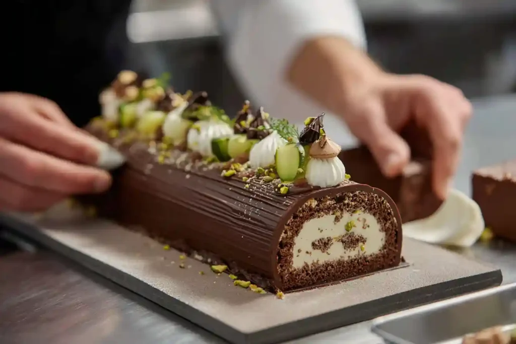 Montage de la bûche chocolat insert poire dans un moule à insert