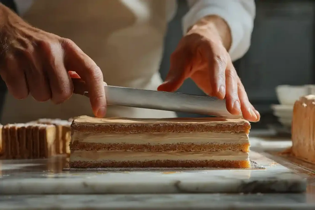 Chef pâtissier montant les couches du gâteau Opéra avec crème au café