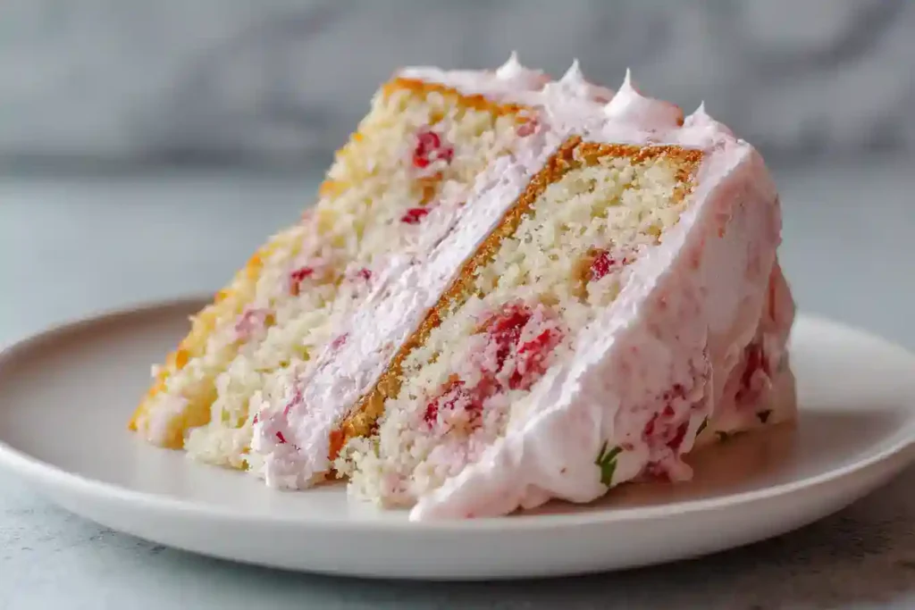 Part de gâteau aux fraises maison avec glaçage rose et mie moelleuse