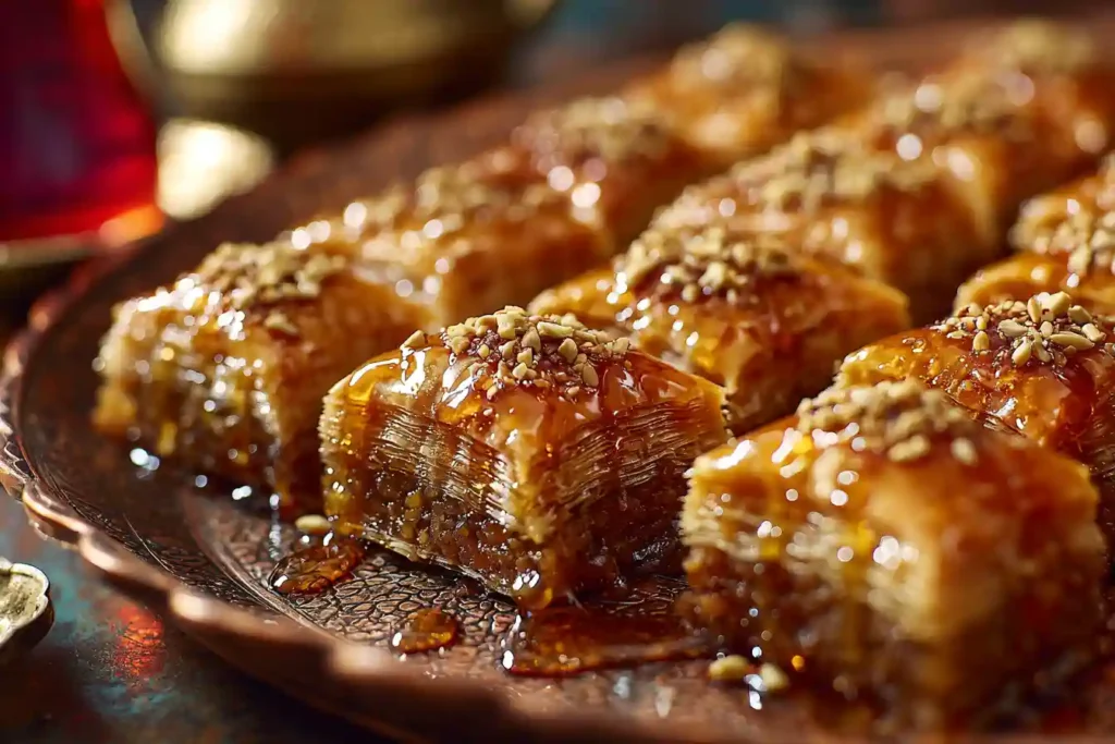 Parts de baklawa découpées et nappées de miel