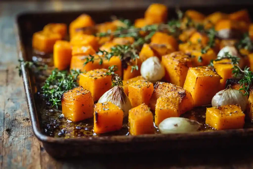 Courge butternut rôtie avec ail et thym