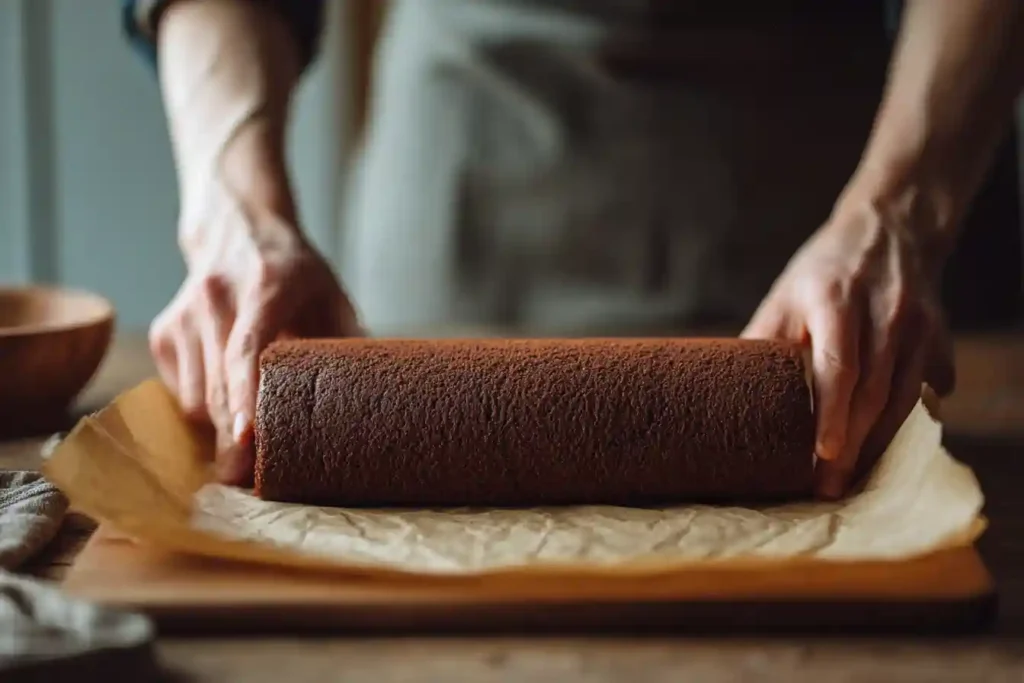 Rouler la génoise au chocolat pour former la bûche