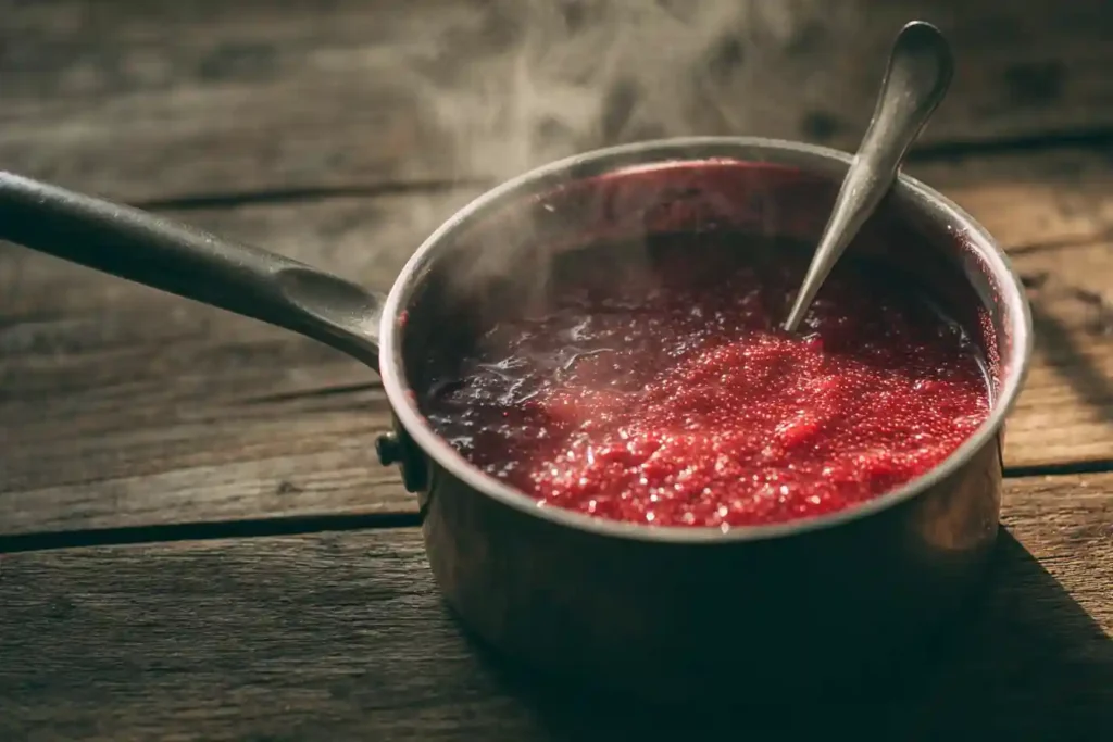 Purée de fraises en train de réduire dans une casserole pour concentrer la saveur