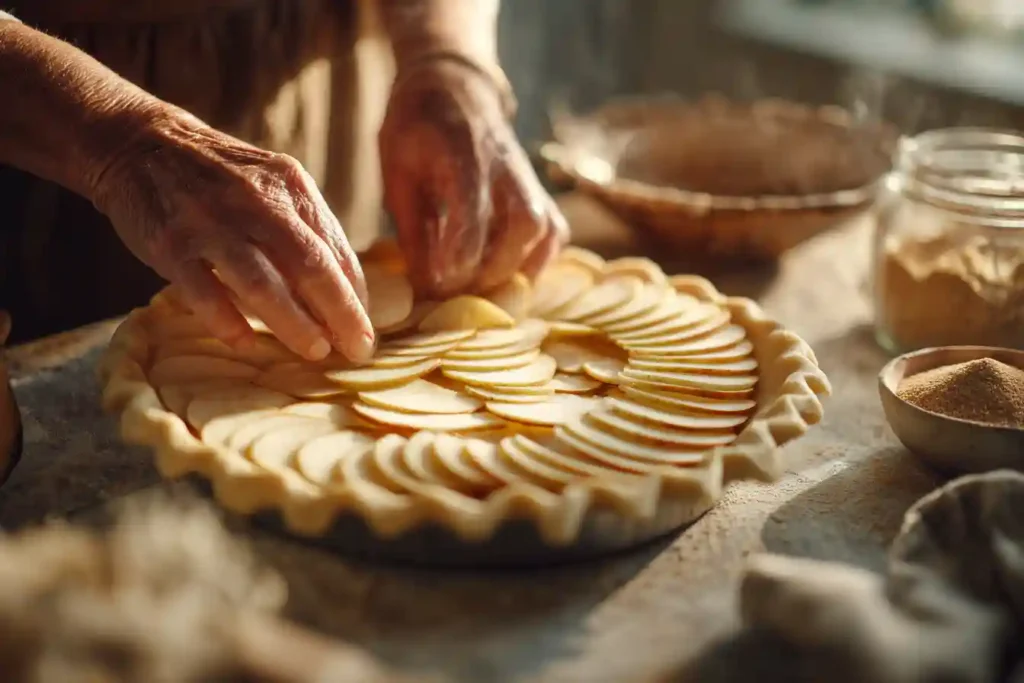 Disposition de tranches de pommes sur une pâte à tarte maison