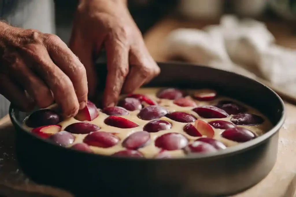 Préparation du gâteau aux prunes dans un moule rond, avec des moitiés de prunes disposées sur la pâte