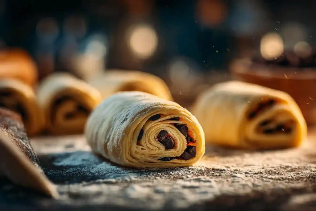 Pâte feuilletée avec barres de chocolat prêtes à être roulées