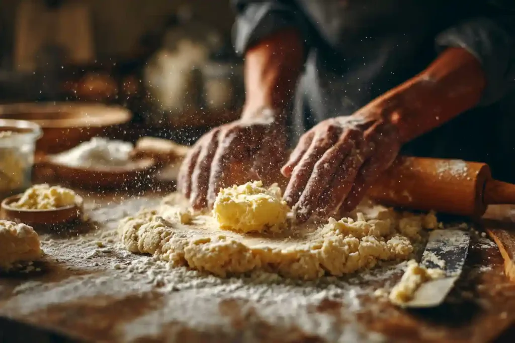Préparation de la pâte sablée aux amandes sur plan de travail fariné