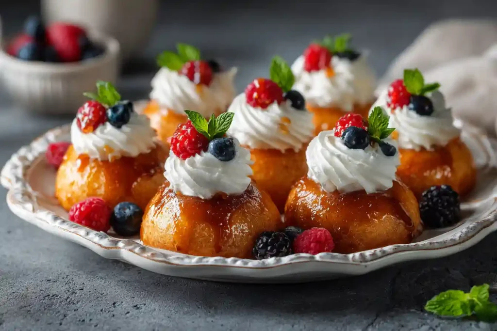 Mini babas au rhum glacés à l’abricot et garnis de chantilly