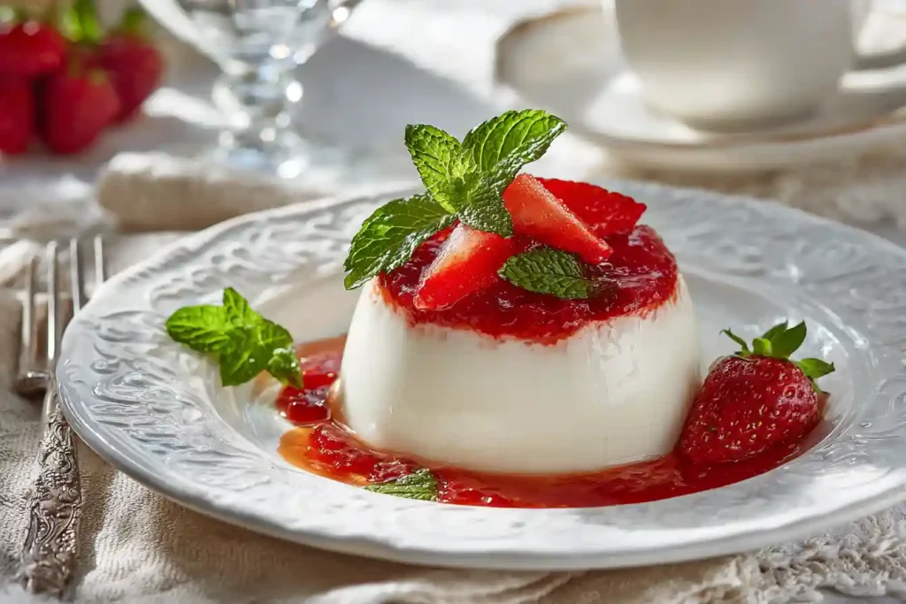 Bavarois aux fraises décoré de menthe et fraises fraîches