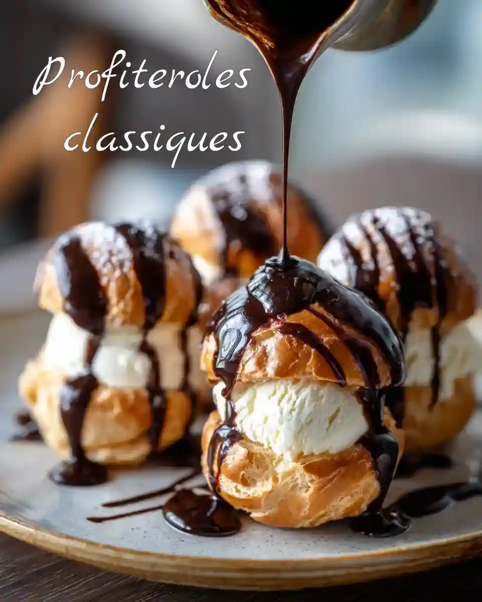 Profiteroles françaises nappées de chocolat chaud