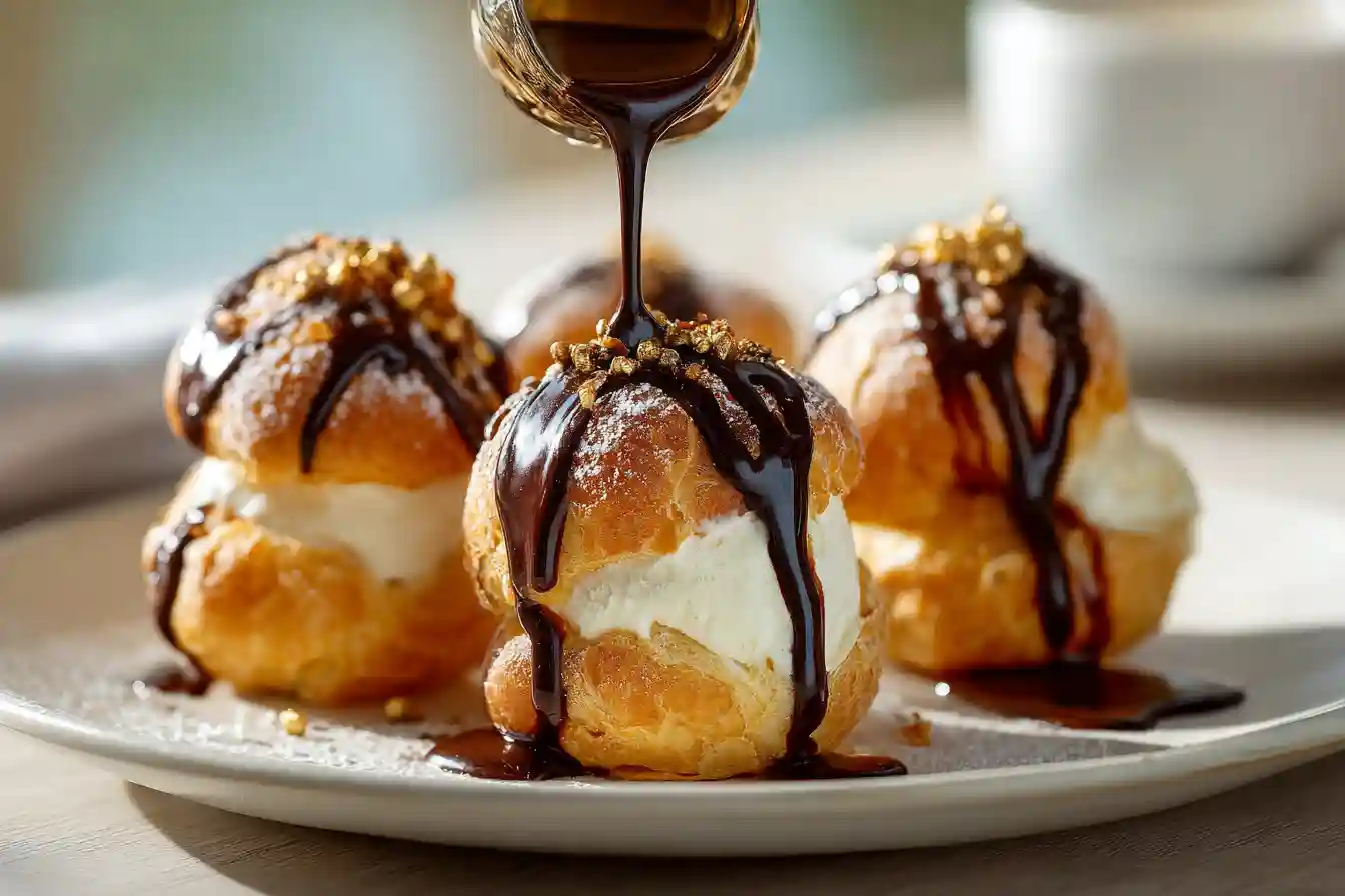 Profiteroles françaises nappées de chocolat chaud