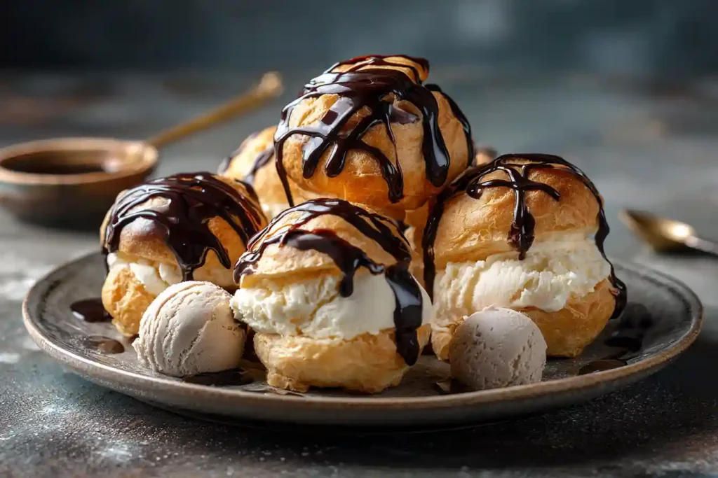 Profiteroles servies avec glace et sauce chocolat