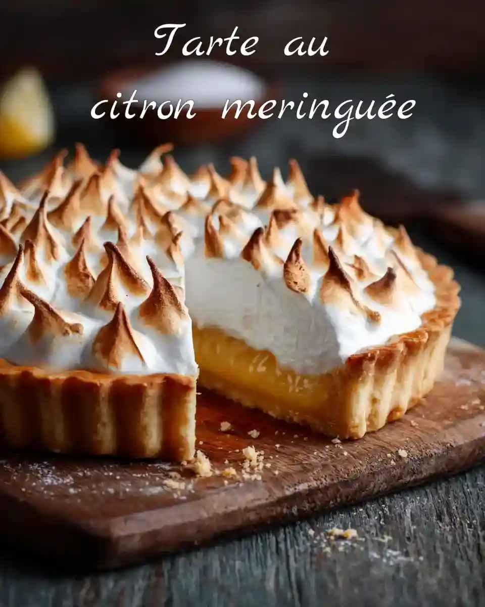 Tarte au citron meringuée dorée sur table en bois