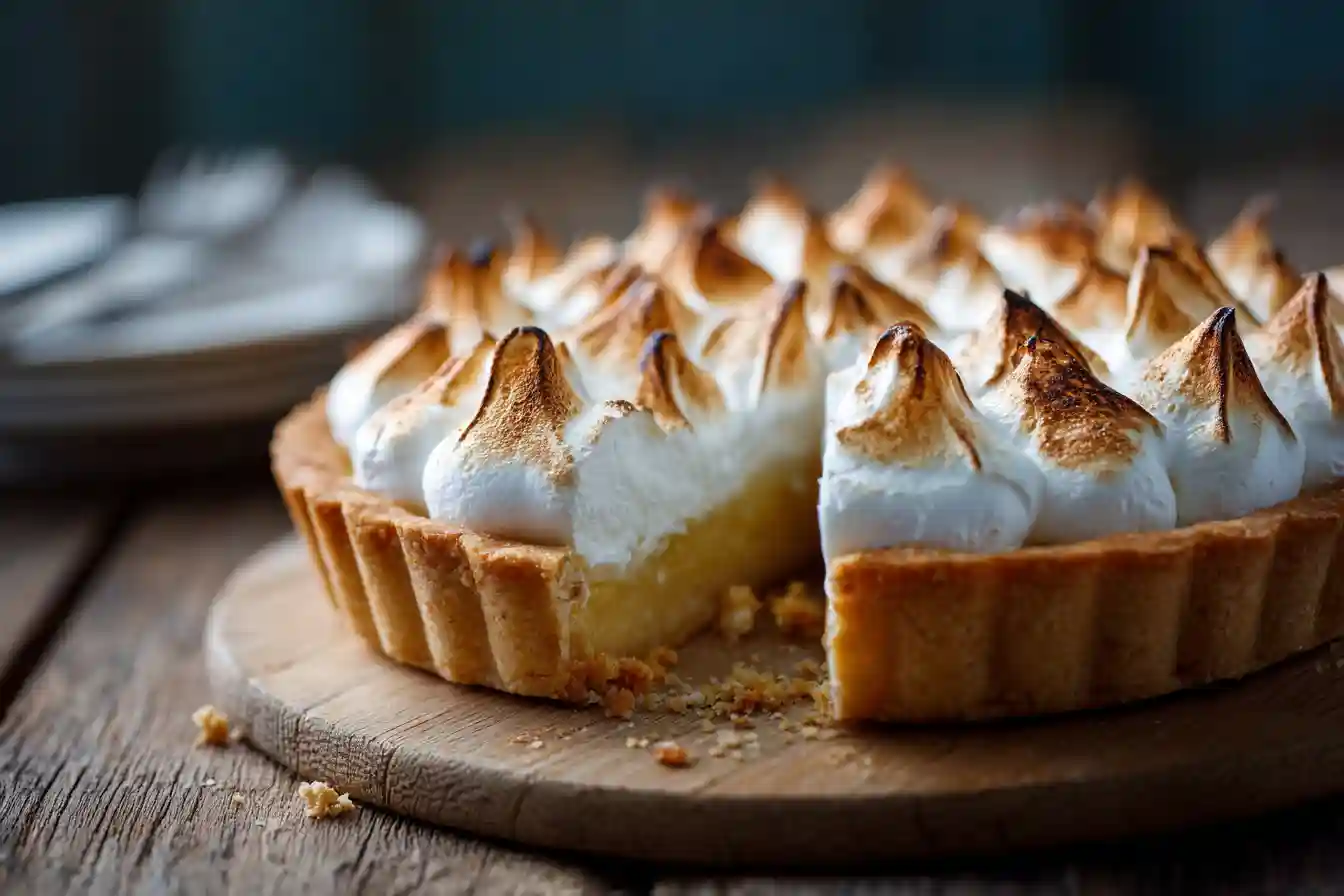 Tarte au citron meringuée dorée sur table en bois