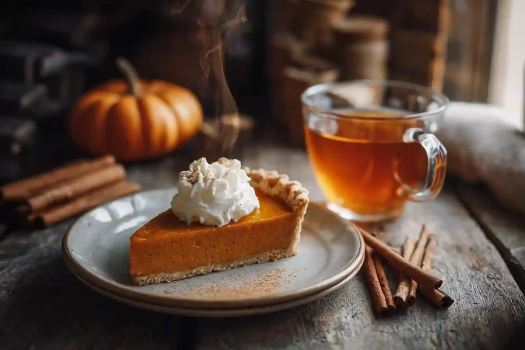 Dégustation de tarte au potimarron avec un verre de thé chaud