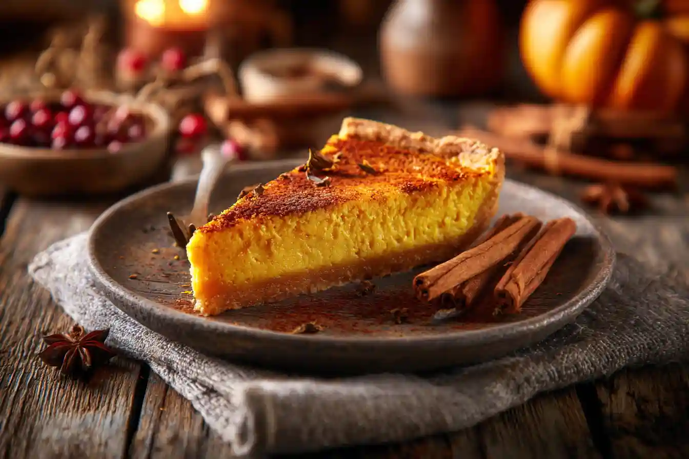 Tarte au potimarron maison sur une table en bois avec épices d’automne