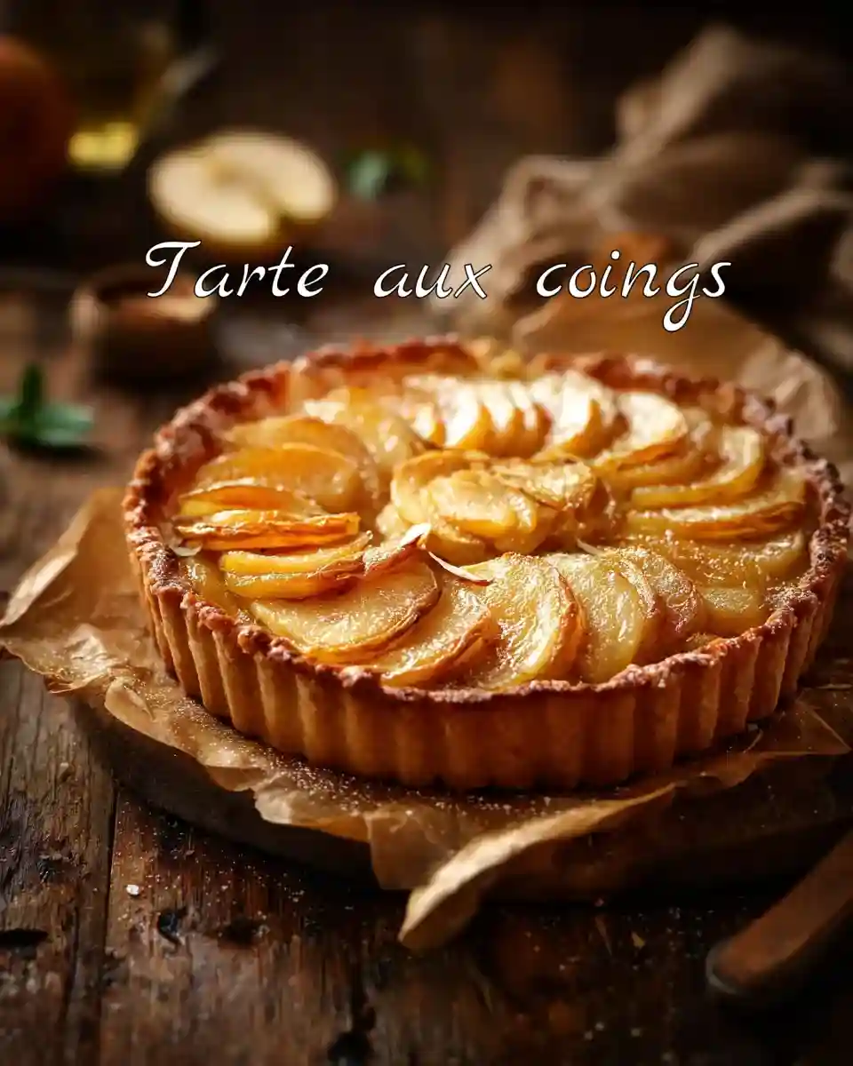 Tarte aux coings maison sur fond boisé avec tranches dorées de coings pochés