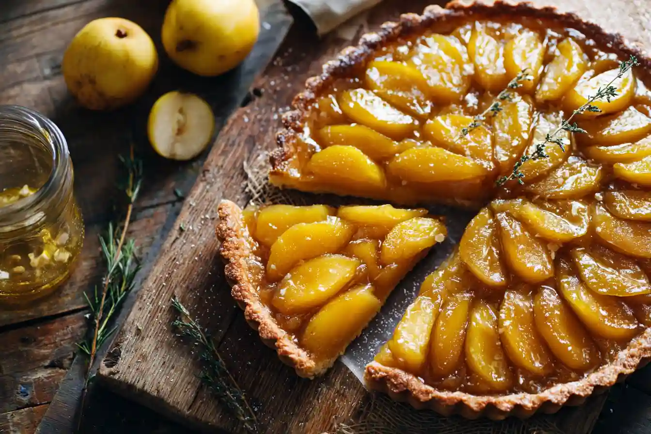 Tarte aux coings maison sur fond boisé avec tranches dorées de coings pochés