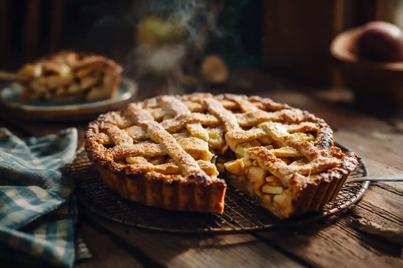 Tarte aux pommes dorée maison avec croûte tressée et tranches fondantes