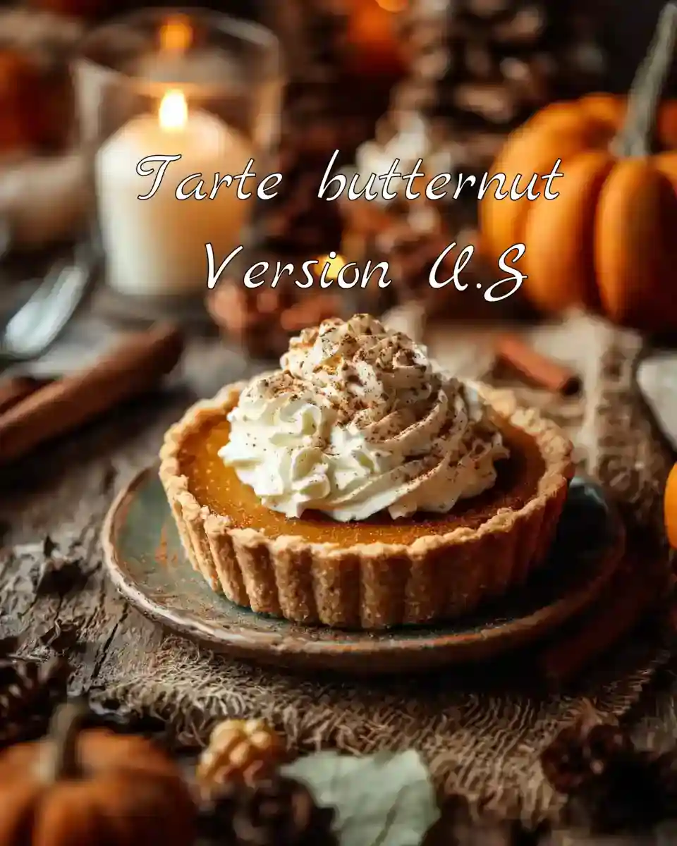 Tarte butternut dorée garnie de crème fouettée et de cannelle