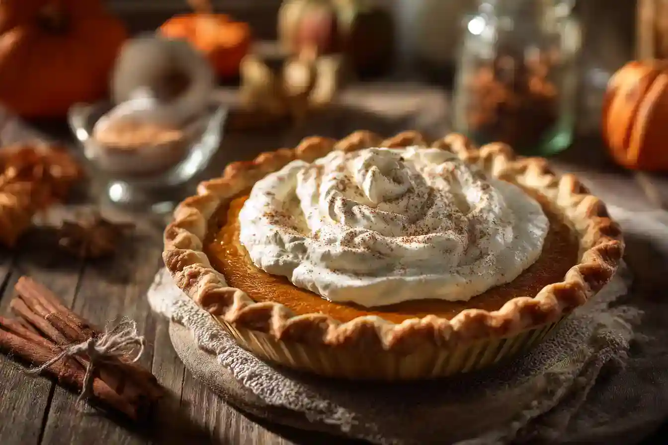 Tarte butternut dorée garnie de crème fouettée et de cannelle