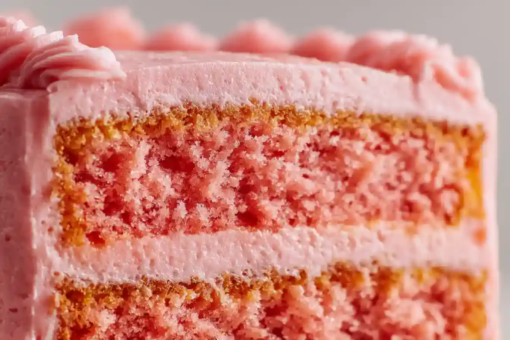 Texture intérieure d’un gâteau aux fraises moelleux, avec une mie rose et un glaçage crémeux