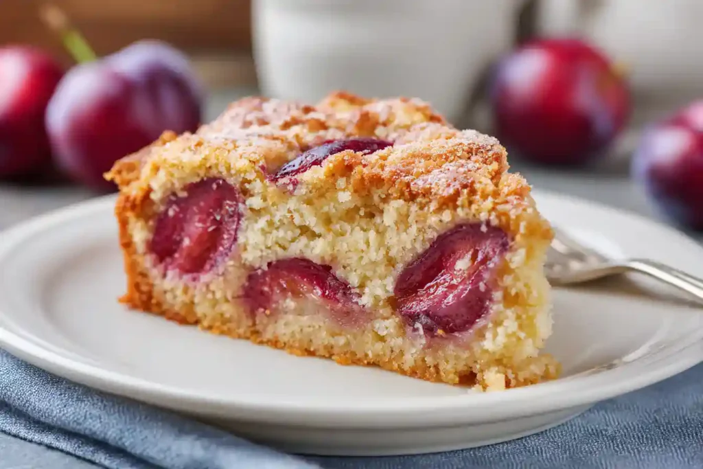 Tranche de gâteau aux prunes moelleux montrant la texture fondante et les morceaux de fruits