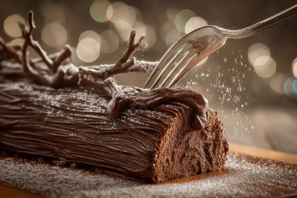 Texturer la ganache de la bûche de Noël à la fourchette pour un effet écorce