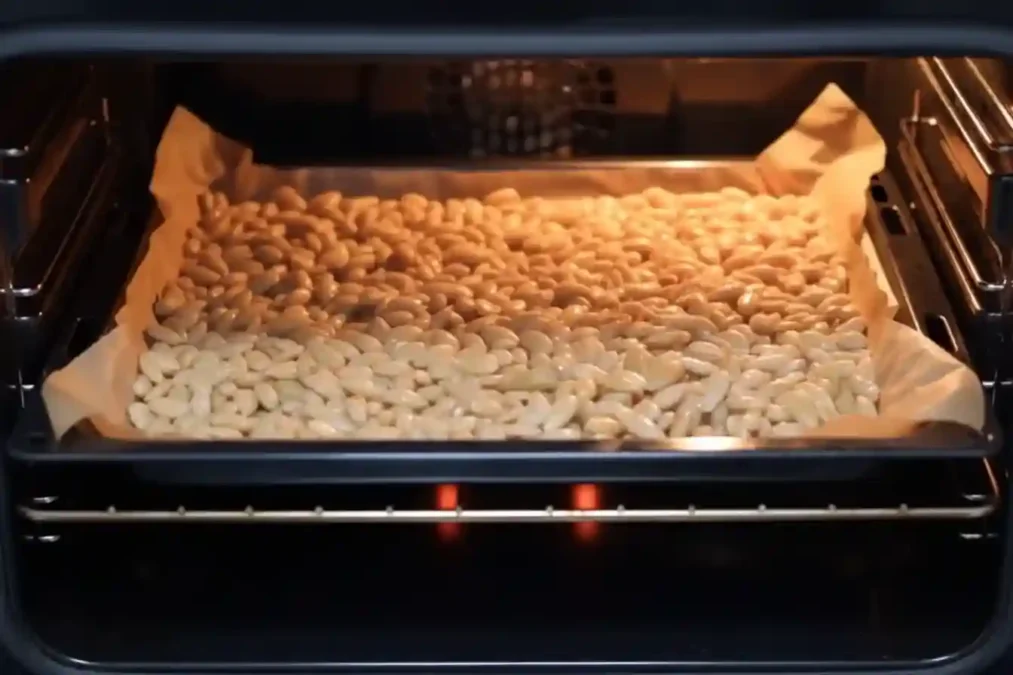 Amandes émondées en train de griller au four sur une plaque recouverte de papier cuisson