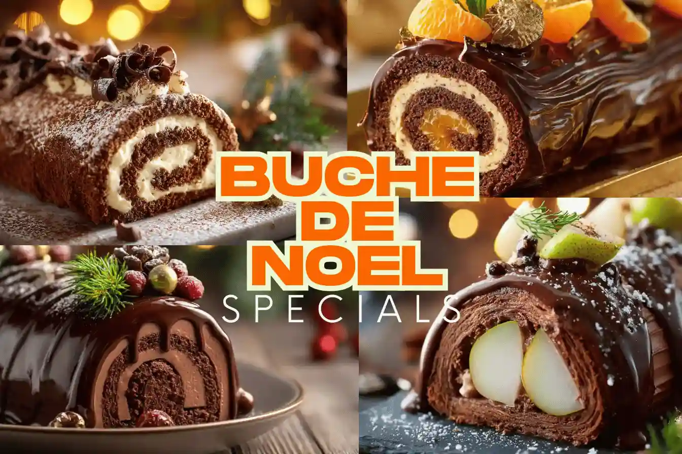 Recette bûche de noël: Montage de bûches de Noël au chocolat, mandarine et poire, glaçage brillant, texte Buche de Noel Specials