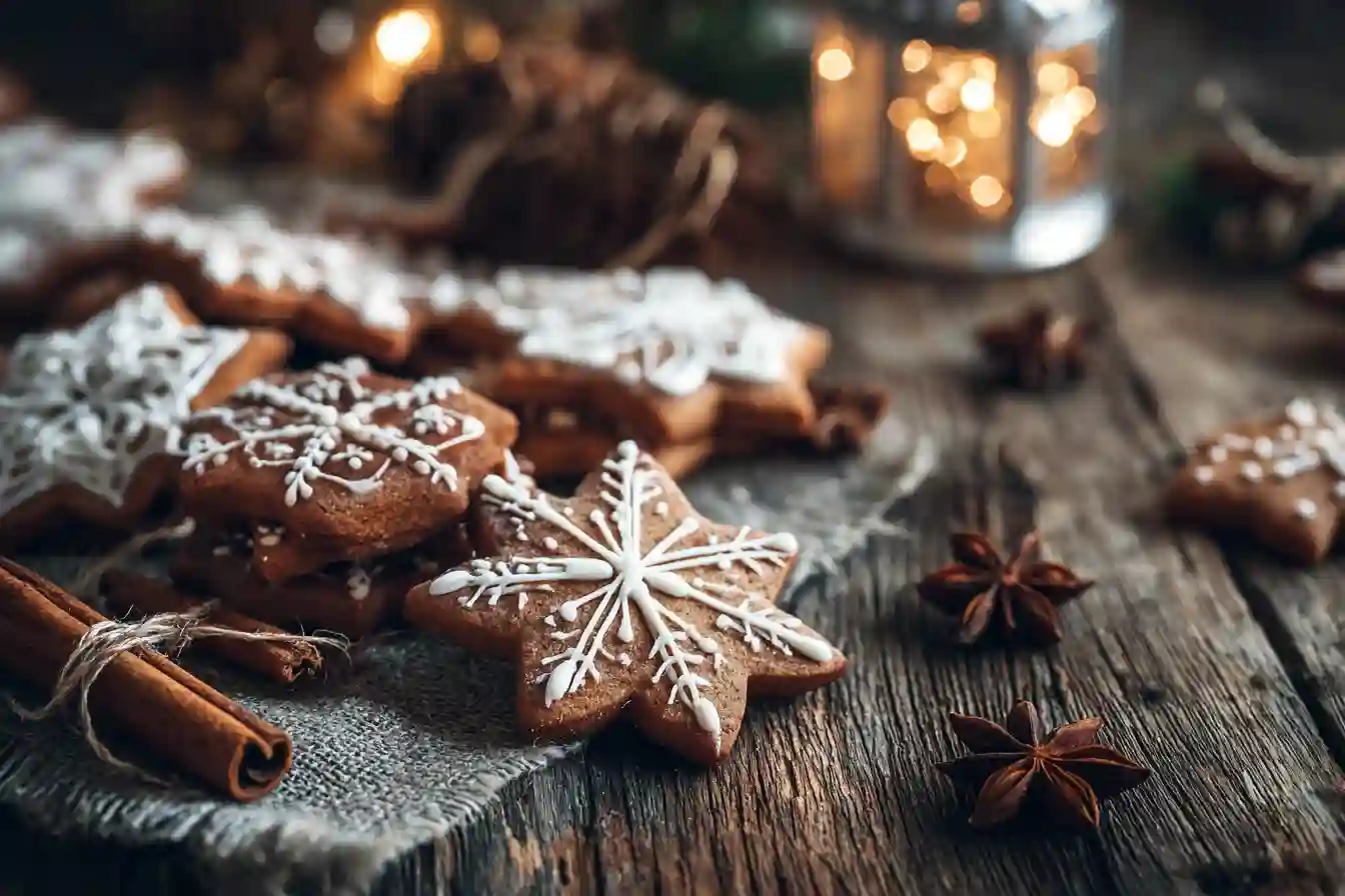 Biscuits de Noël au pain d’épices décorés sur une table rustique