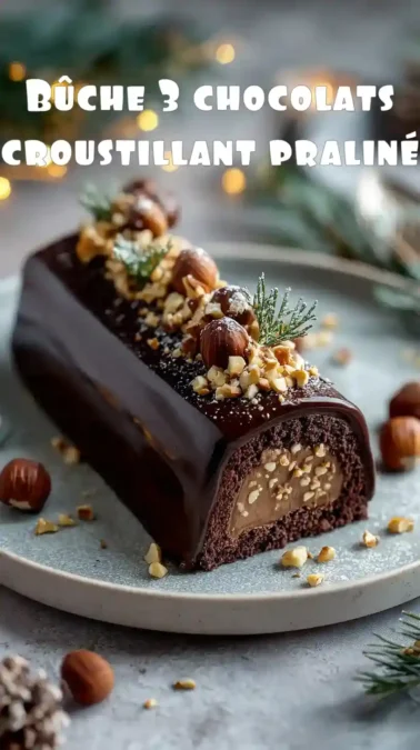 Bûche trois chocolats avec insert praliné croustillant, glaçage brillant, noisettes