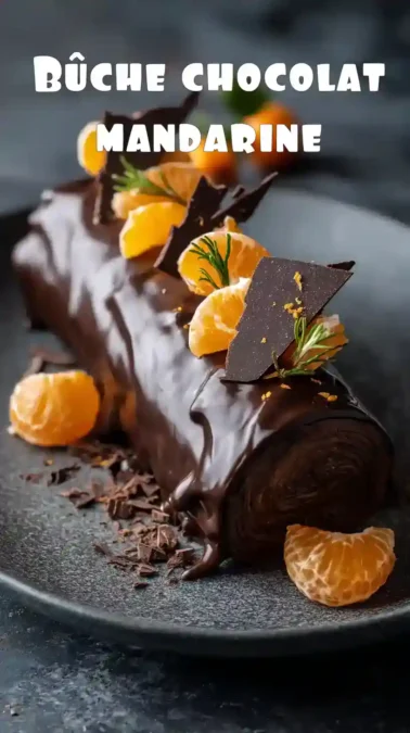 Bûche roulée au chocolat, segments de mandarine, glaçage brillant, copeaux