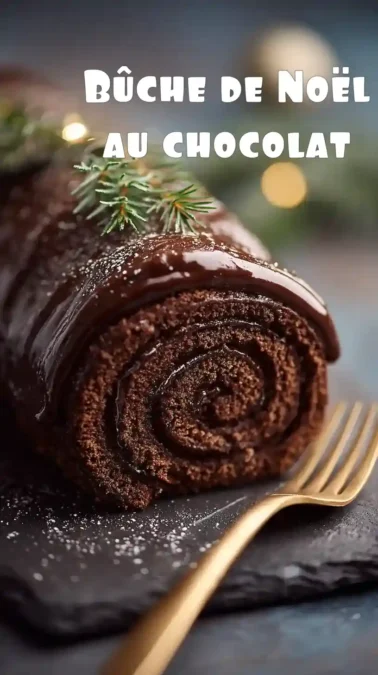 Bûche de Noël au chocolat roulée, glaçage brillant, décor sapin