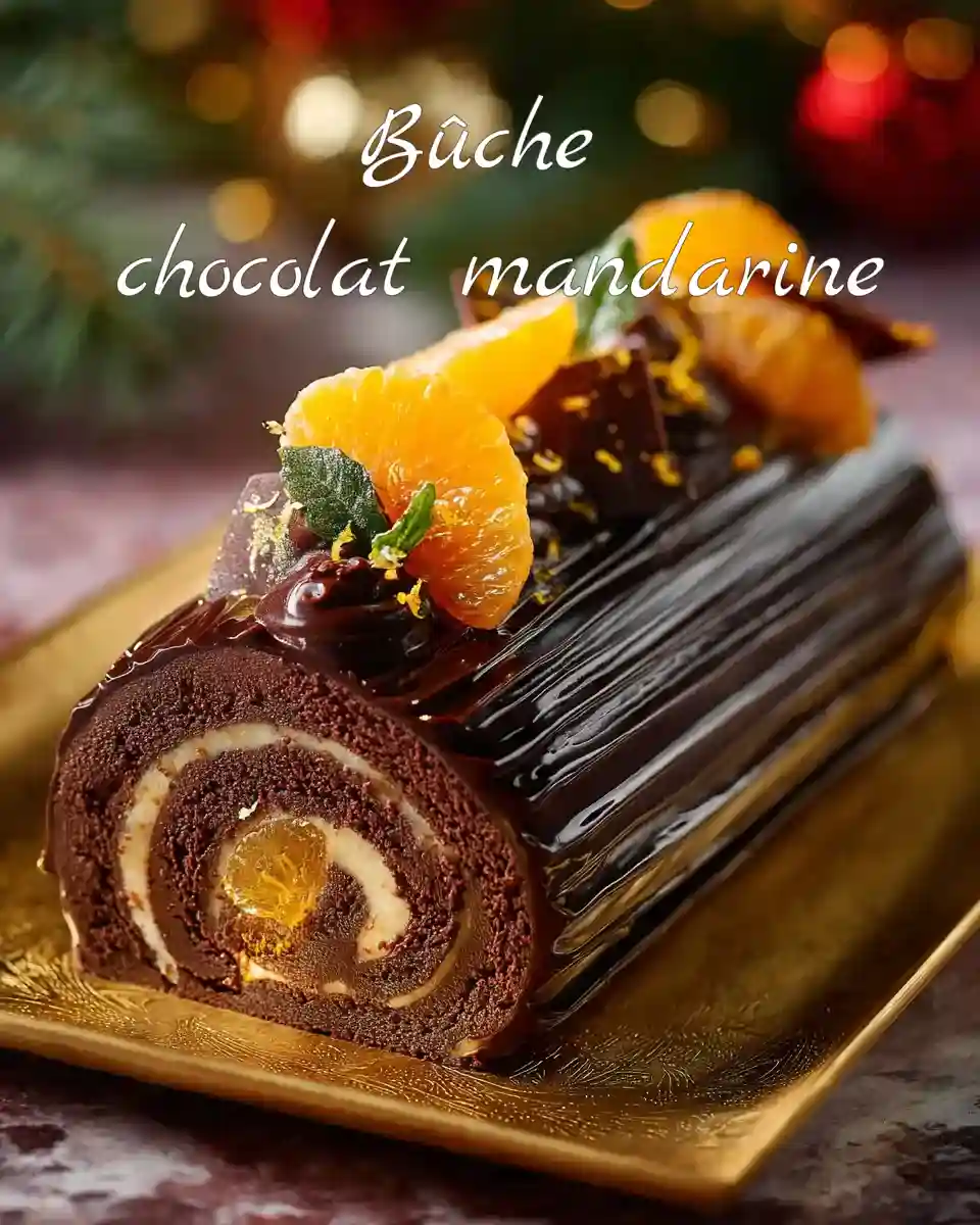 Bûche roulée au chocolat garnie de crème à la mandarine et décorée de quartiers de mandarines fraîches et de feuilles de menthe