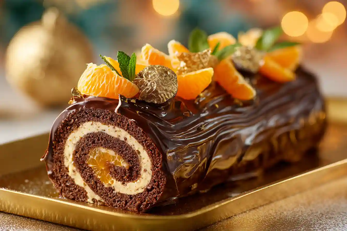 Bûche roulée au chocolat garnie de crème à la mandarine et décorée de quartiers de mandarines fraîches et de feuilles de menthe