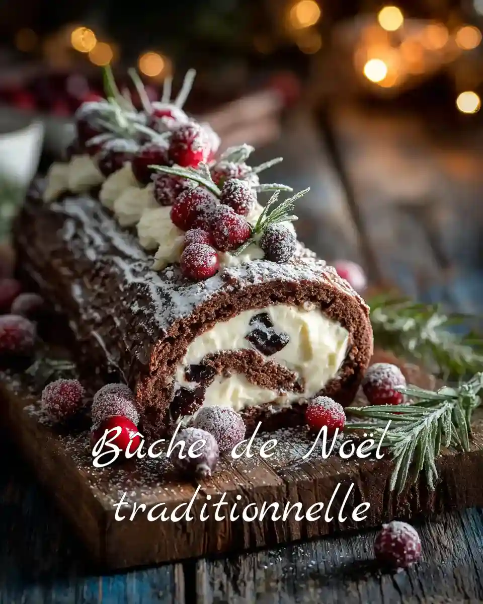 Bûche de Noël au chocolat décorée de cranberries et romarin sur plat en bois
