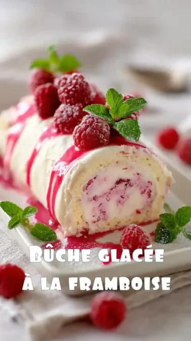 Bûche glacée à la framboise roulée, coulis rouge, framboises fraîches et menthe