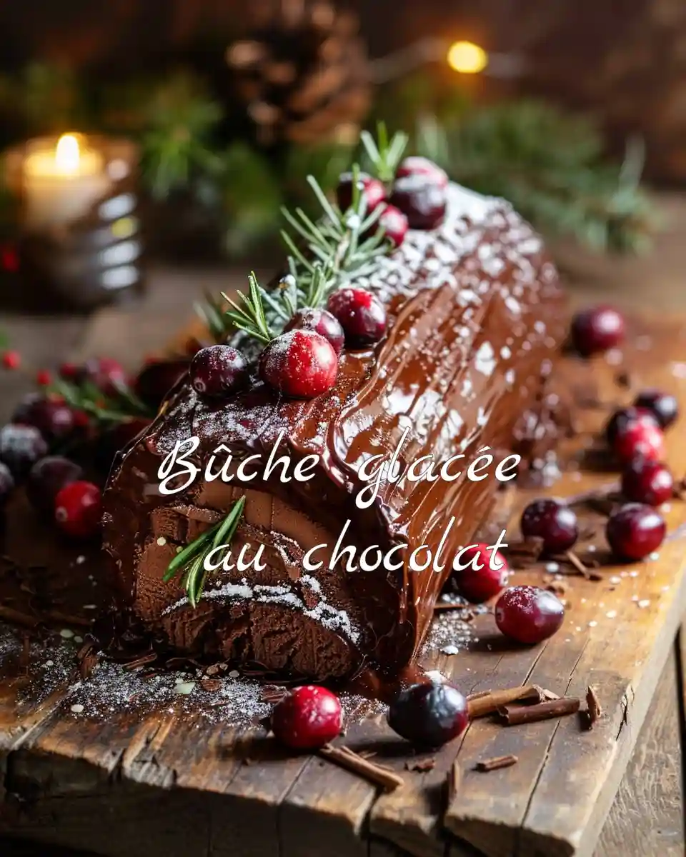 Bûche glacée au chocolat décorée de romarin et cranberries sur une table en bois