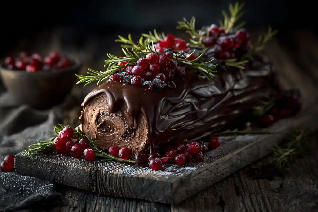 Bûche glacée au chocolat décorée de romarin et cranberries sur une table en bois