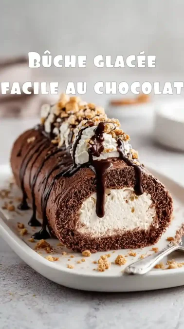 Bûche glacée au chocolat roulée, cœur vanille, chantilly et coulis chocolat, éclats croustillants