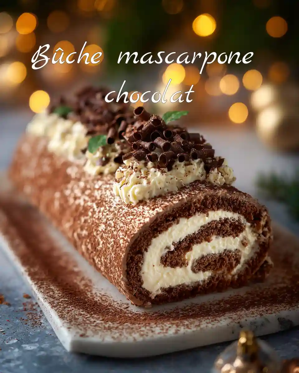 Bûche mascarpone au chocolat décorée de copeaux et cacao sur une table de Noël