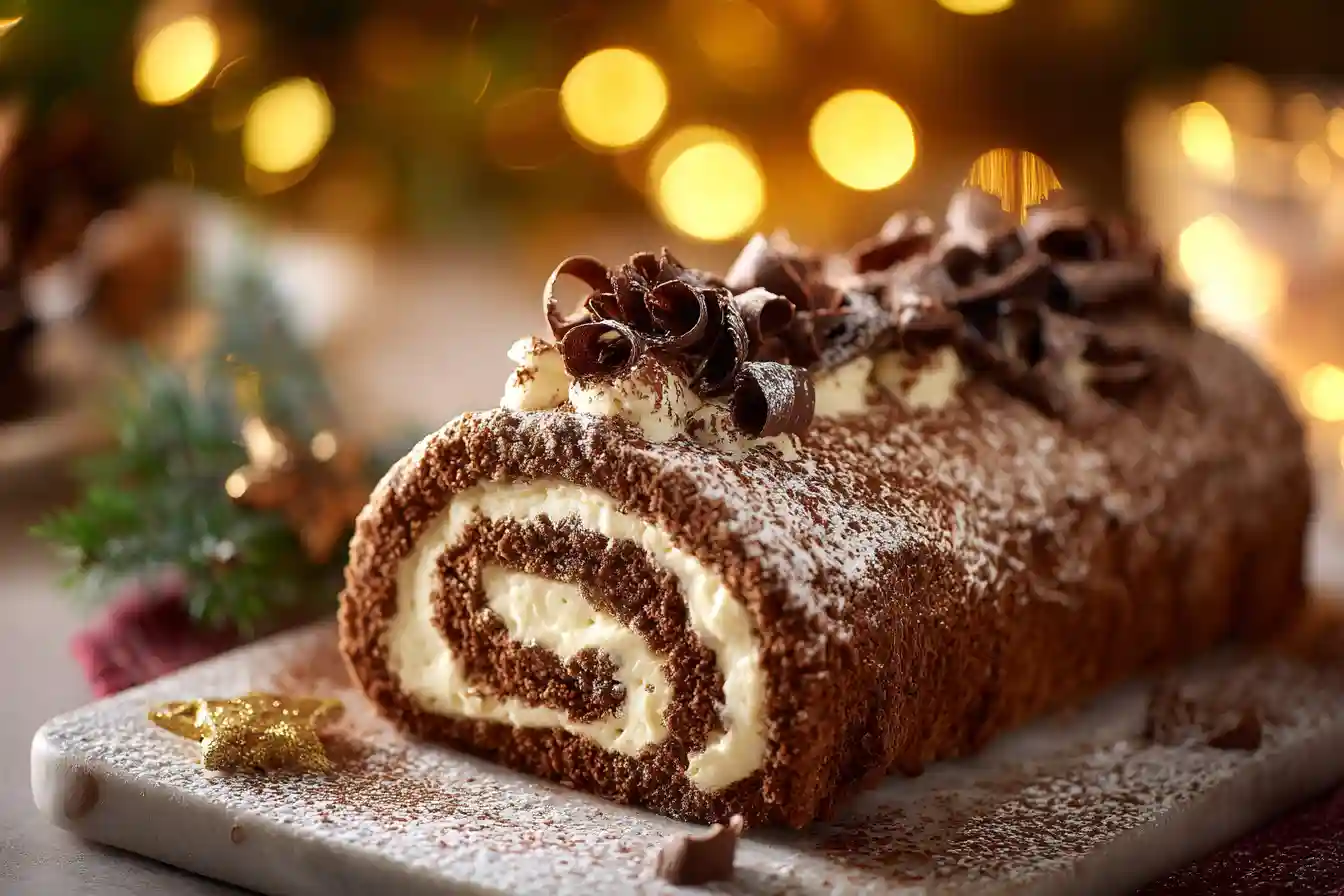 Bûche mascarpone au chocolat décorée de copeaux et cacao sur une table de Noël