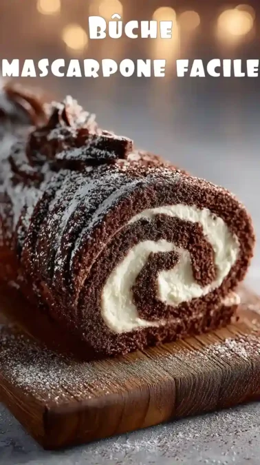 Bûche roulée au chocolat, crème mascarpone, sucre glace