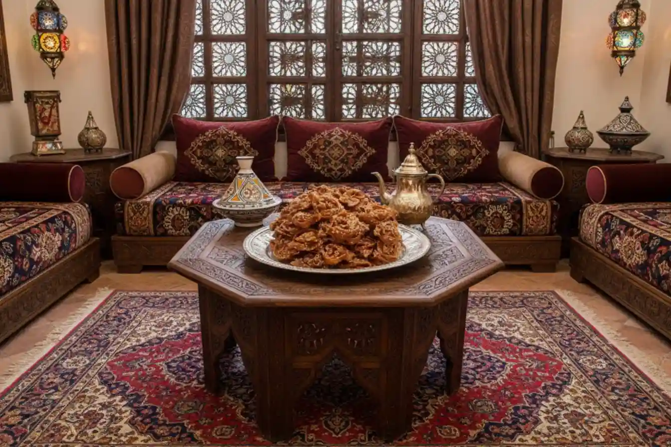 Plateau de chebakia marocaine servi dans un salon traditionnel avec théière et décor oriental
