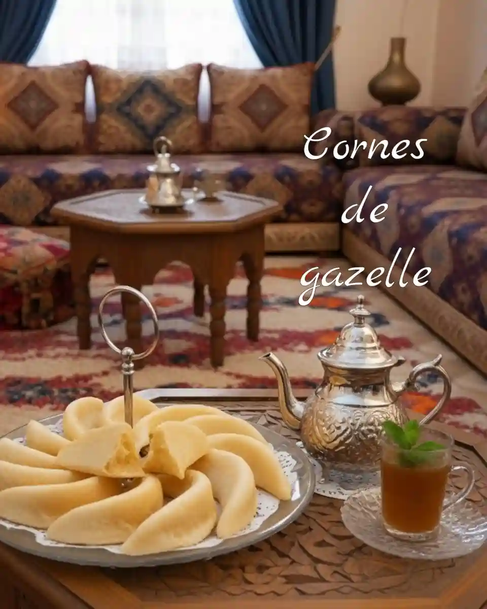 Plateau de cornes de gazelle servi avec thé à la menthe dans un salon marocain