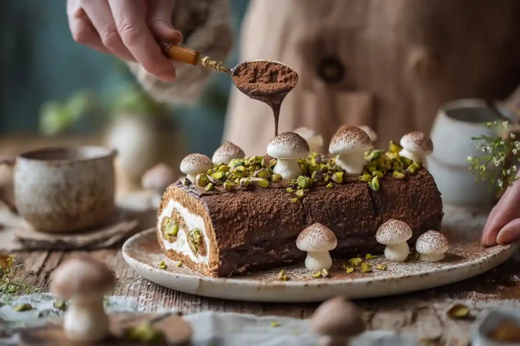 Décoration de la bûche tiramisu avec ganache, pistaches et meringues