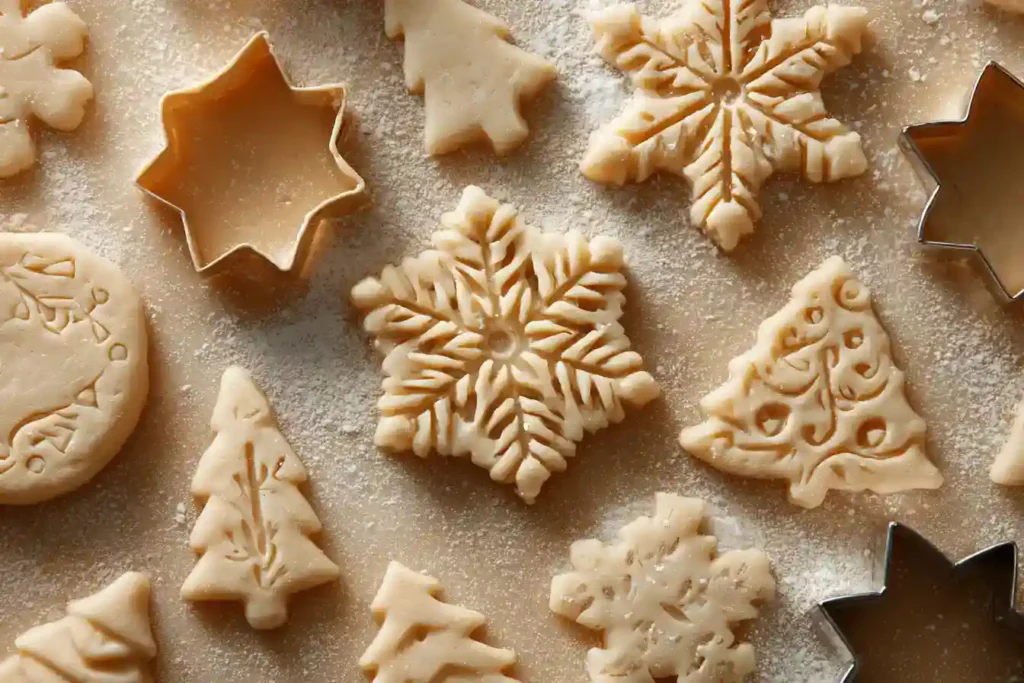 Pâte à sablés étalée avec des emporte-pièces de Noël