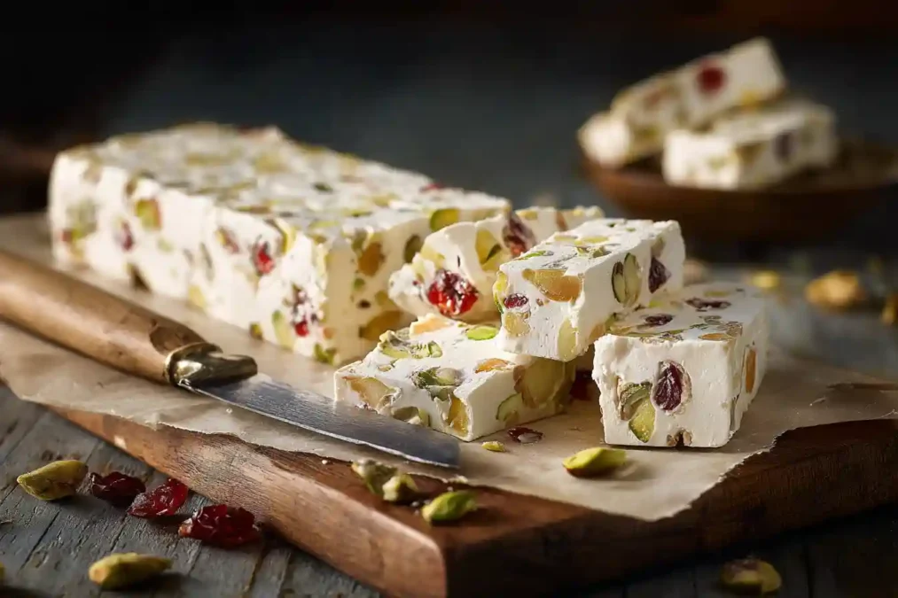 Morceaux de nougat blanc coupés sur une feuille de papier cuisson